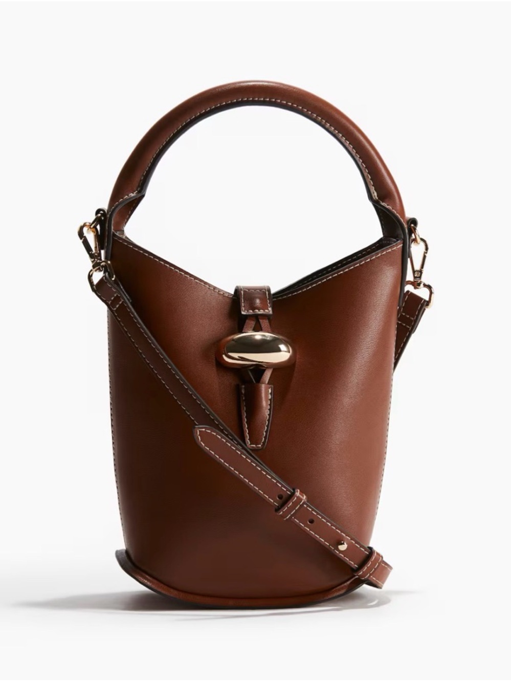 H&M Brown Leather Bucket Crossbody with Gold Accent